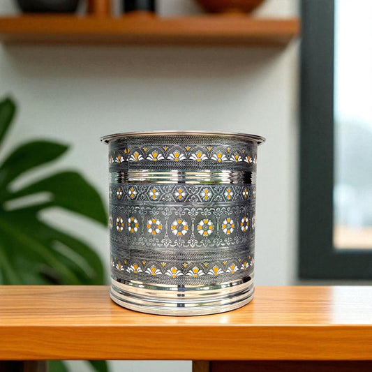 Mirror Antique Stainless Steel Pawali 16 litre with intricate floral and geometric design on a wooden table
