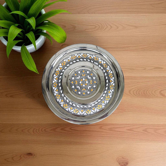 Antique Stainless Steel Pawali 16 litre with detailed traditional floral engravings on a wooden surface