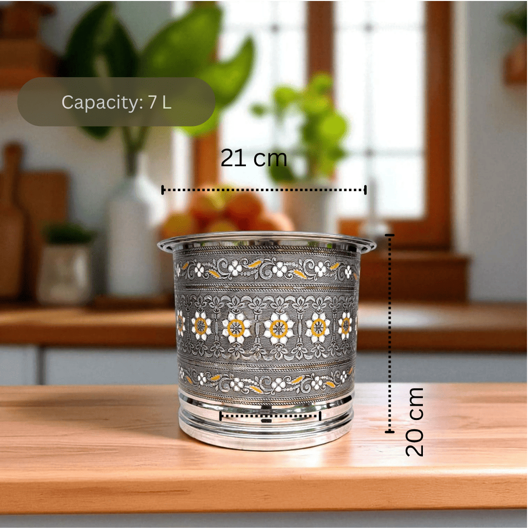 Antique Stainless Steel Pawali 7 litre with floral engravings and 7 liter capacity by Mirror