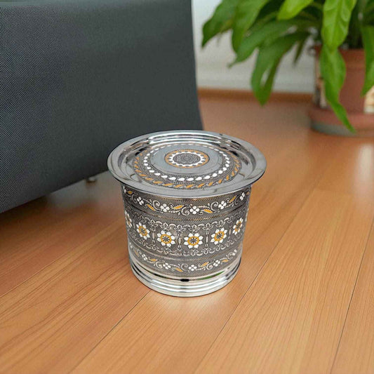 Antique Stainless Steel Pawali 7 litre with intricate floral design on polished surface