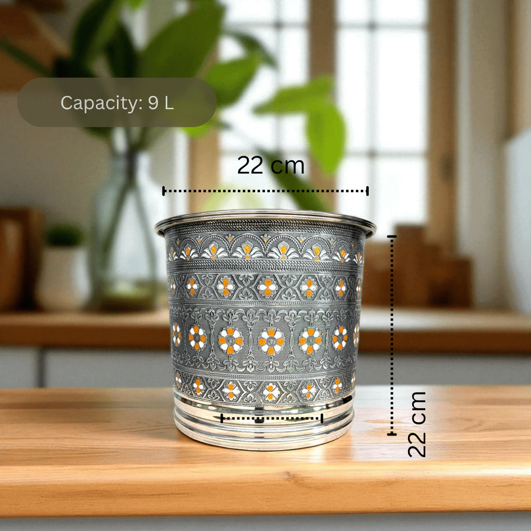 Antique Stainless Steel Pawali 9 litre with intricate floral design by Mirror, 22 cm diameter and height