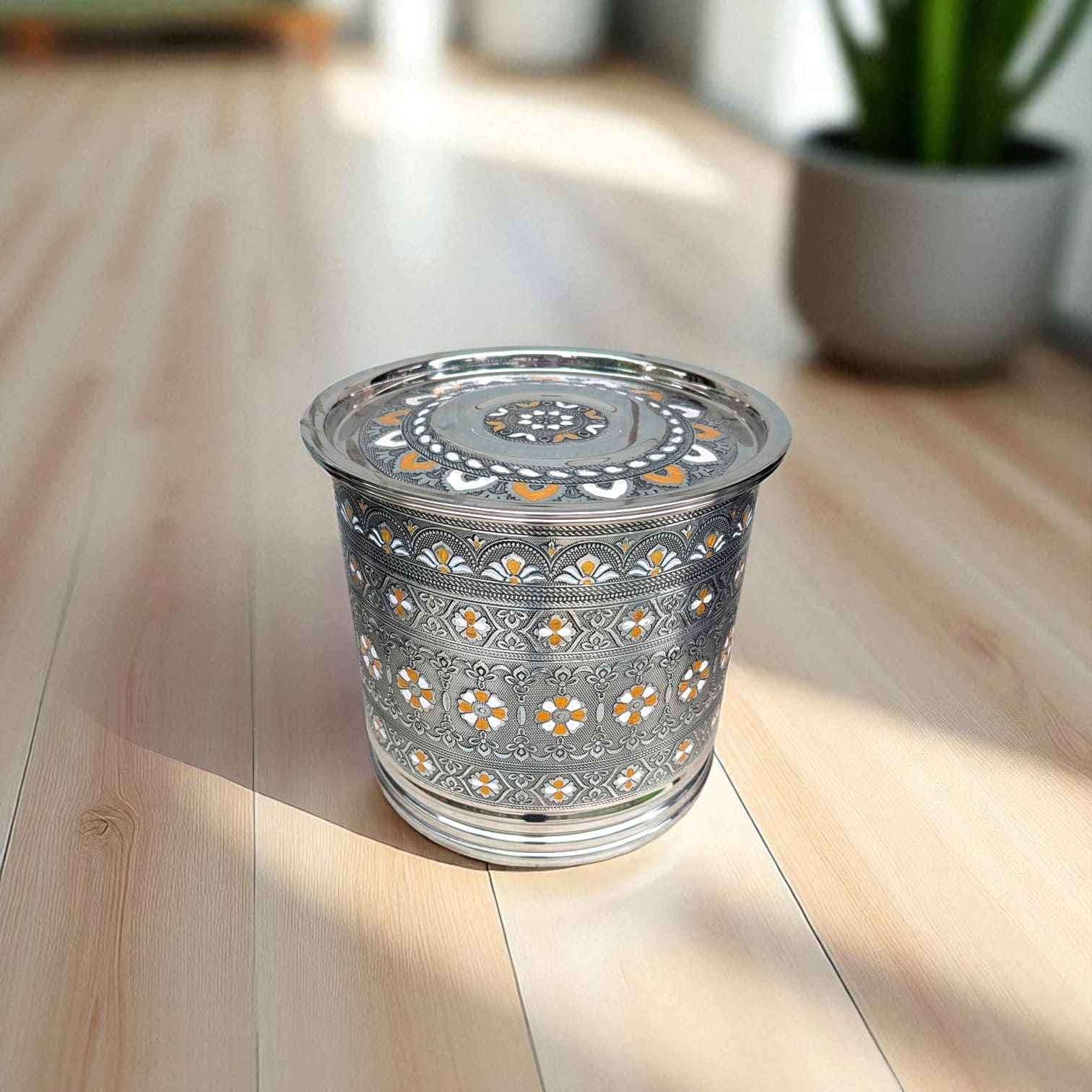 Mirror brand Antique Stainless Steel Pawali 9 litre with intricate traditional design on wooden floor
