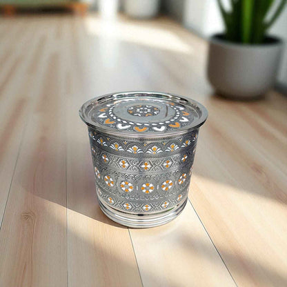 Mirror brand Antique Stainless Steel Pawali 9 litre with intricate traditional design on wooden floor