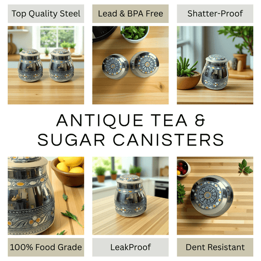 Antique Tea and Sugar Canisters vintage steel canisters with intricate design and leakproof feature