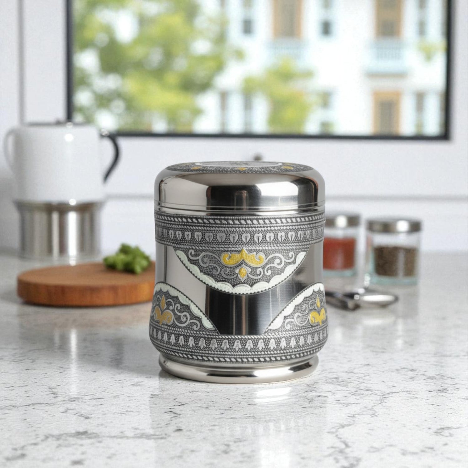 Antique Stainless Steel Lotus Dabba, 1.75 liter