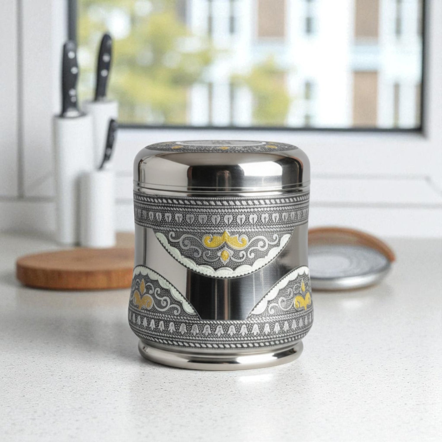 Antique Stainless Steel Lotus Dabba, 2.5 liter