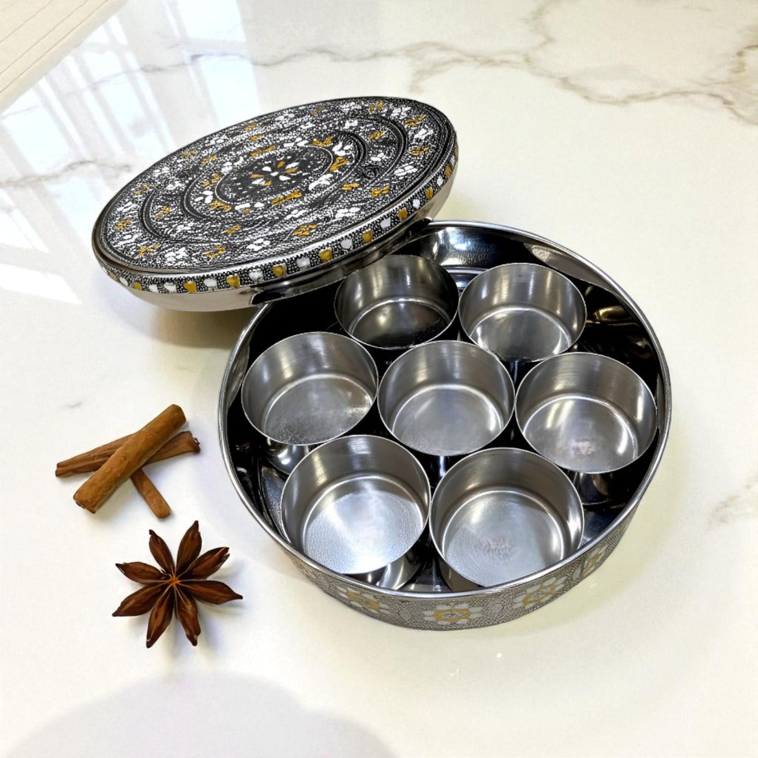 Antique Retro Stainless Steel Masala Box with 7 bowls