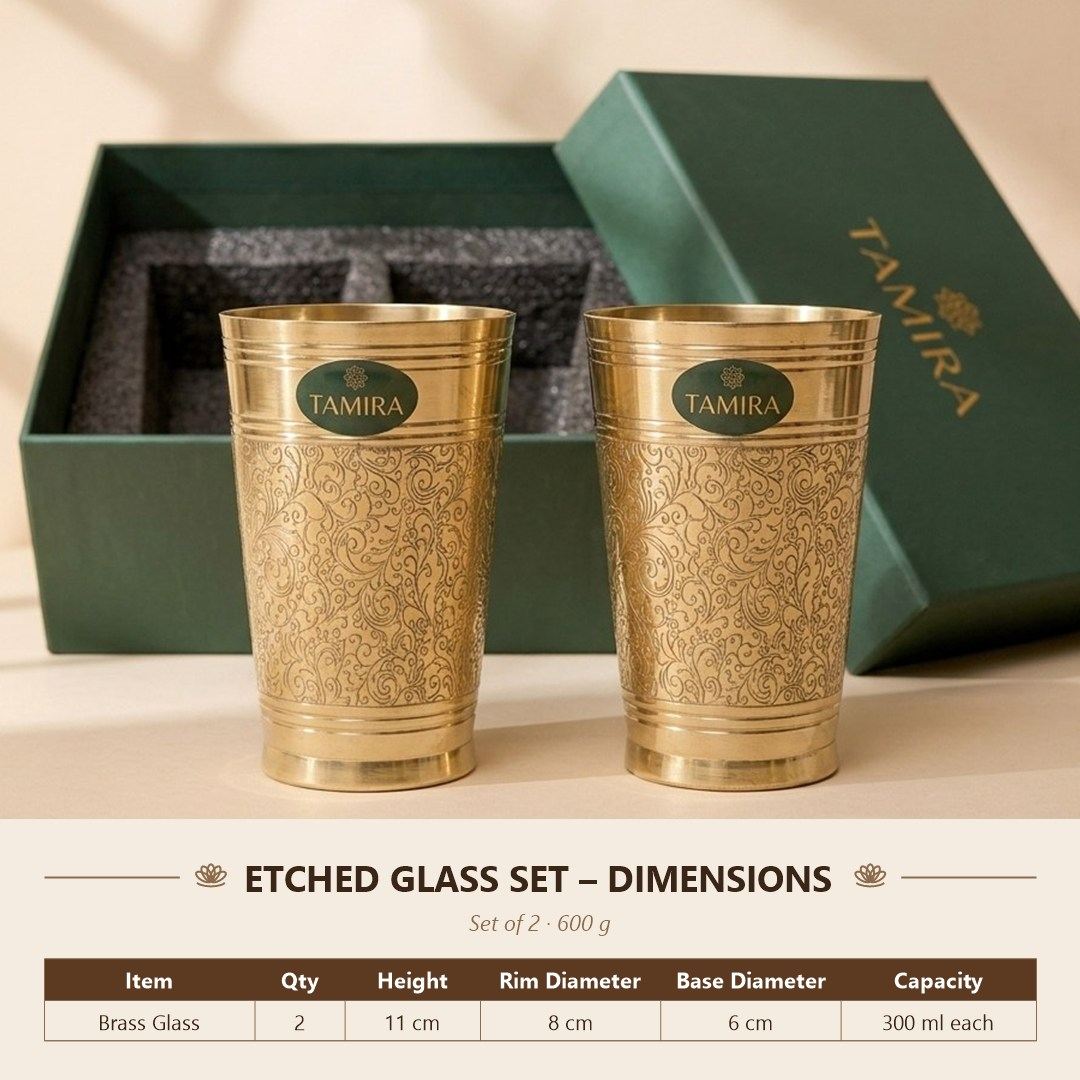 Pure brass etched glass set of 2 - dimensions: 11 cm height, 8 cm rim, 6 cm base, 300 ml