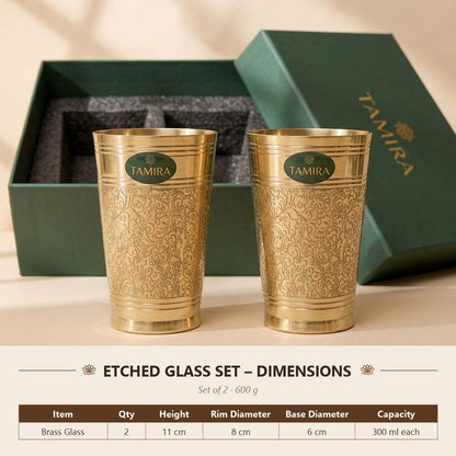 Pure brass etched glass set of 2 - dimensions: 11 cm height, 8 cm rim, 6 cm base, 300 ml