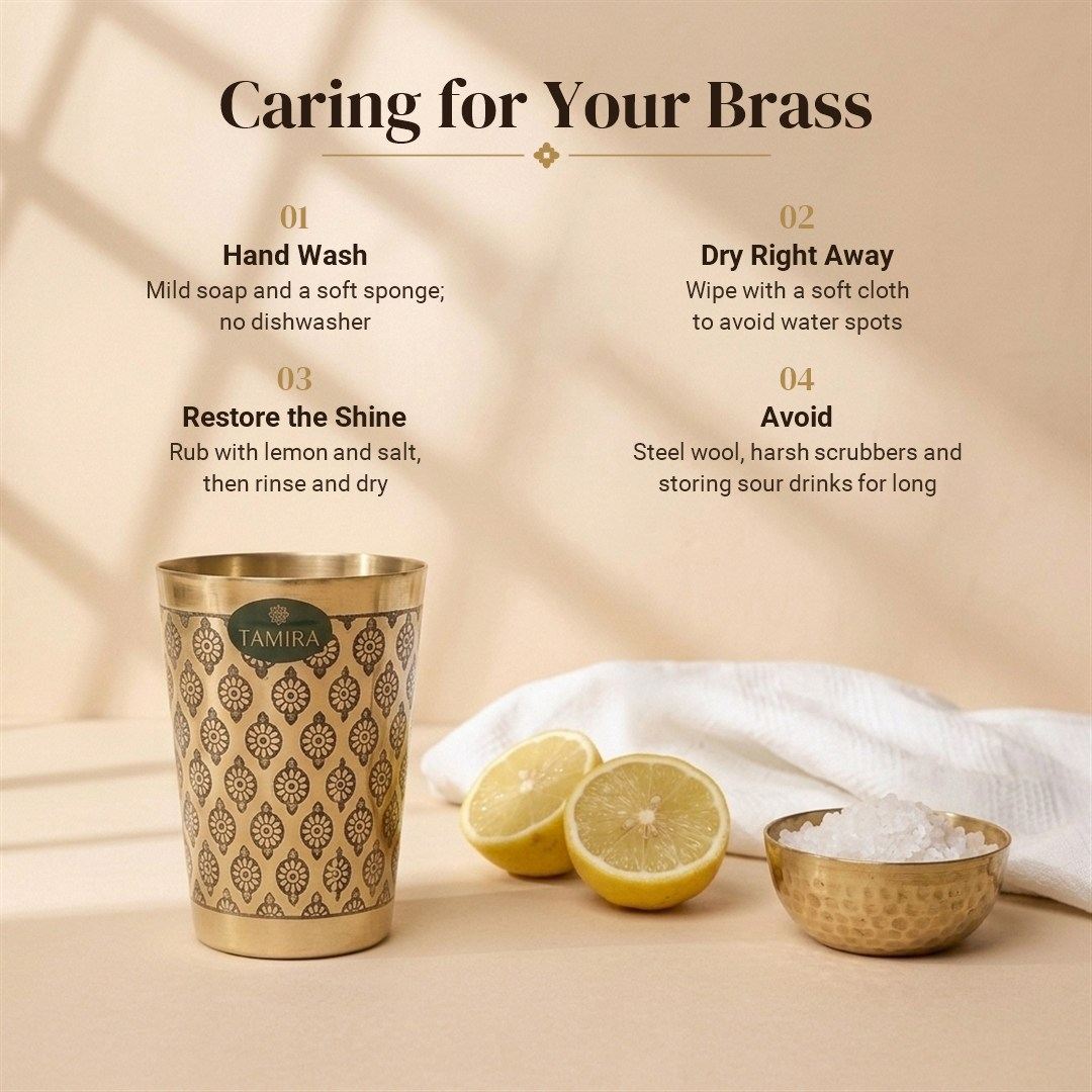 Pure brass glass set of 2 with black floral motif - care guide