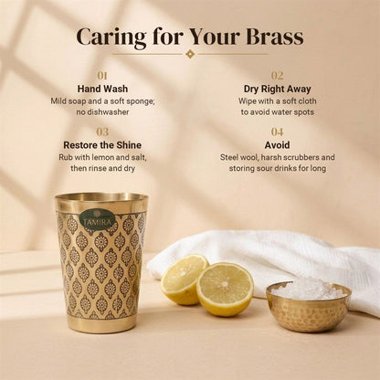Pure brass glass set of 2 with black floral motif - care guide