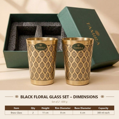 Pure brass glass set of 2 with black floral motif - dimensions: 11 cm height, 8 cm rim, 6 cm base, 300 ml