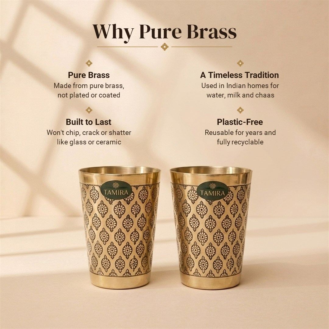 Pure brass glass set of 2 with black floral motif - why pure brass