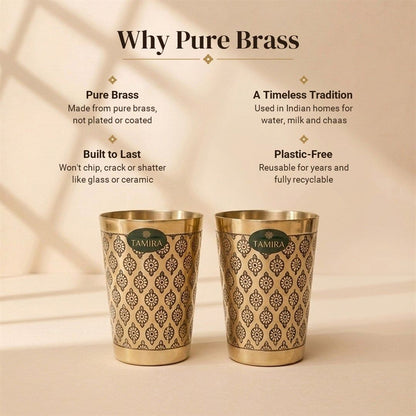 Pure brass glass set of 2 with black floral motif - why pure brass