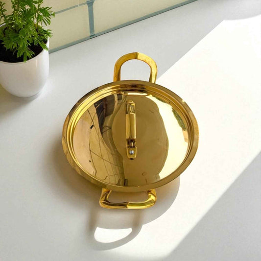 Parampara Brass Kadai with Lid, Flat Bottom, Hammered, 4 Litre (Copy)