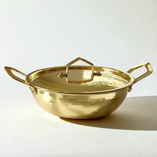 Parampara Brass Kadai with Lid, Flat Bottom, Hammered, 2.5 Litre (Copy)