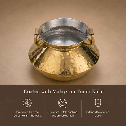 Tamira Pure Brass Degchi Patili with Lid, 5 litre (Hammered)
