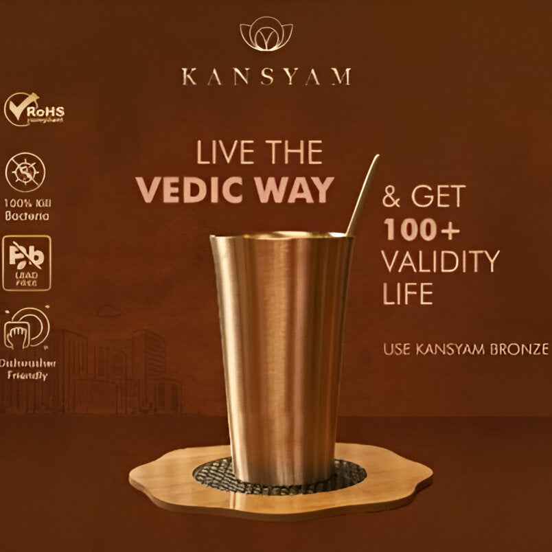 Promotional image highlighting features of Kansyam kansa Chandi glass, 250ml bronze color