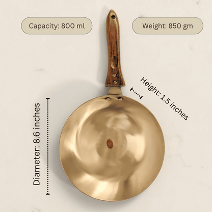 Bronze Kansa frying pan 22cm with wooden handle and 800ml capacity for cooking enthusiasts