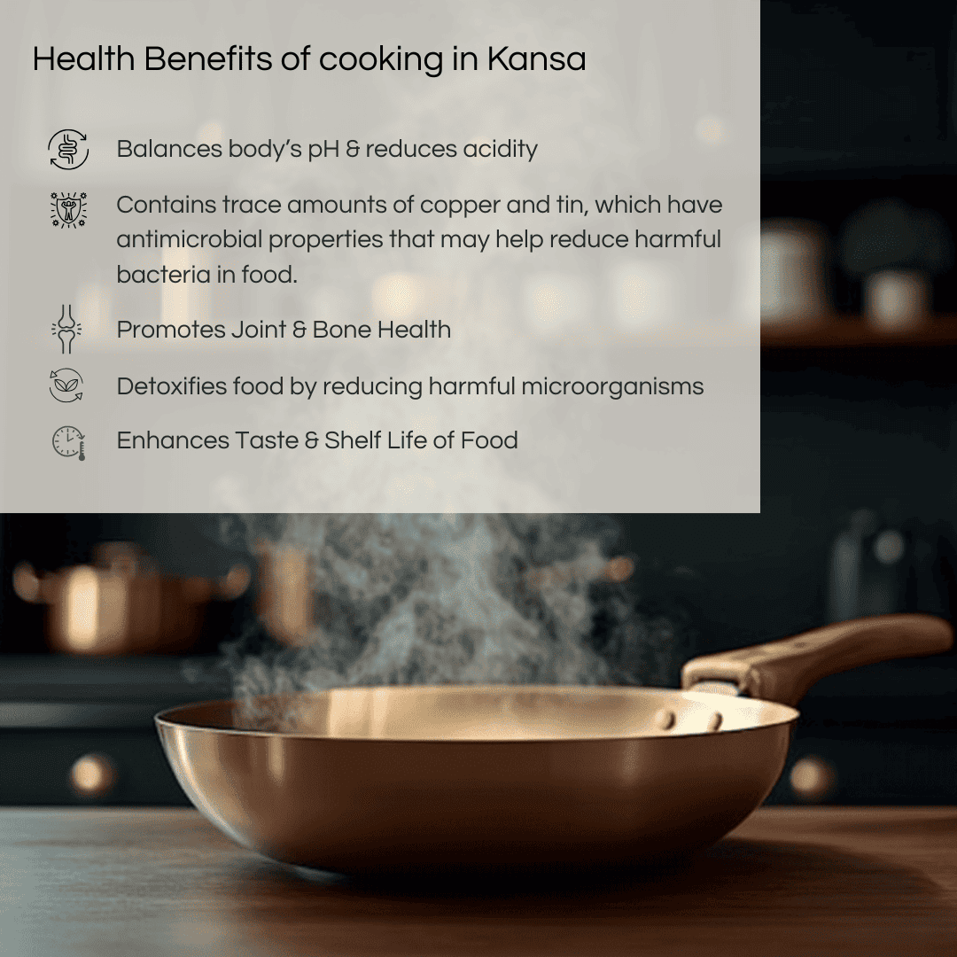 Bronze Kansa frying pan 22cm with steam rising, highlighting health benefits of cooking in Kansa