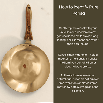 Bronze kansa frying pan 22cm with a wooden handle, designed for efficient cooking and durability