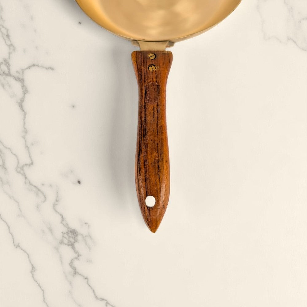 Bronze Kansa frying pan 22cm with a wooden handle ideal for cooking and frying meals