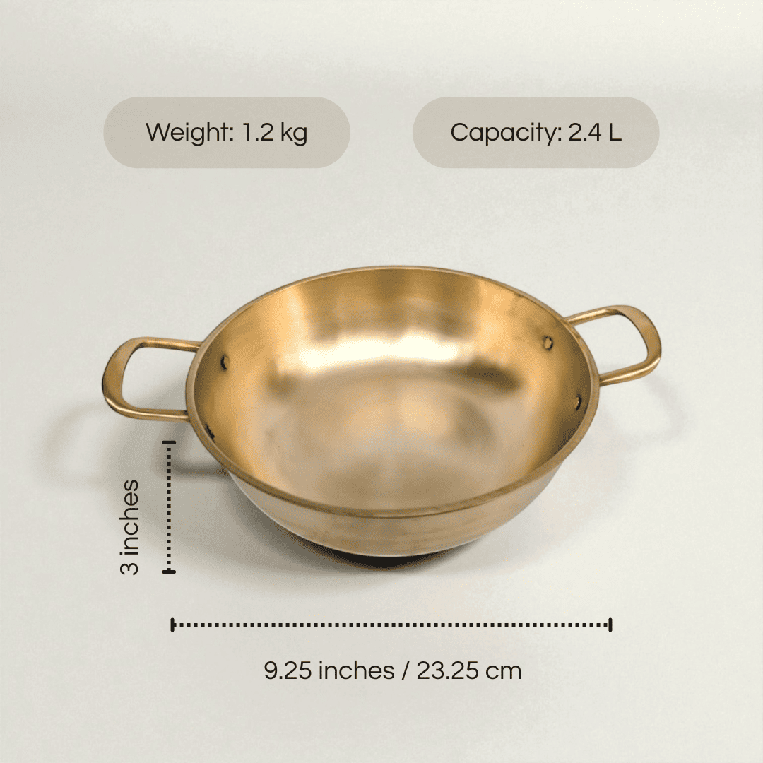 Bronze Kansa Kadai handles with a 2.4L capacity and a sleek design for versatile cooking