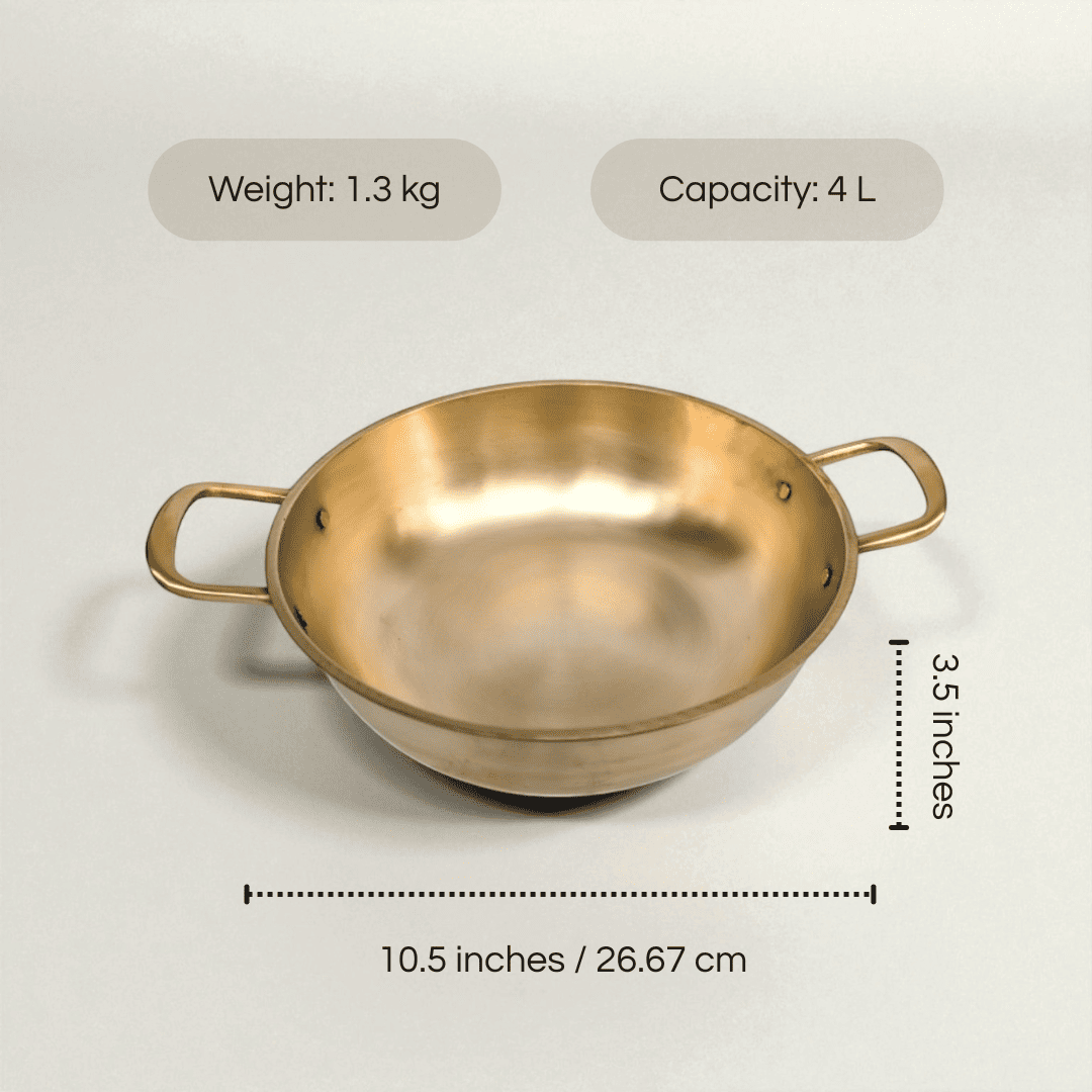 Bronze Kansa Kadai handles with a 4L capacity and 1.3 kg weight, ideal for cooking traditional meals