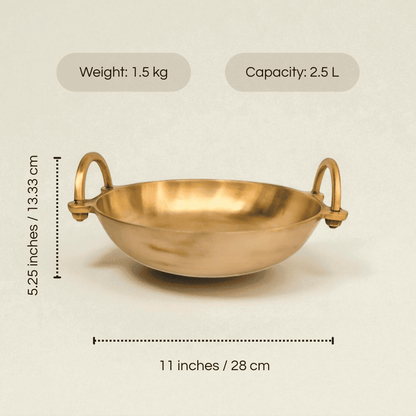 Bronze Kansa Kadai Ruby with two handles, 11 inches wide and 2.5 liters capacity