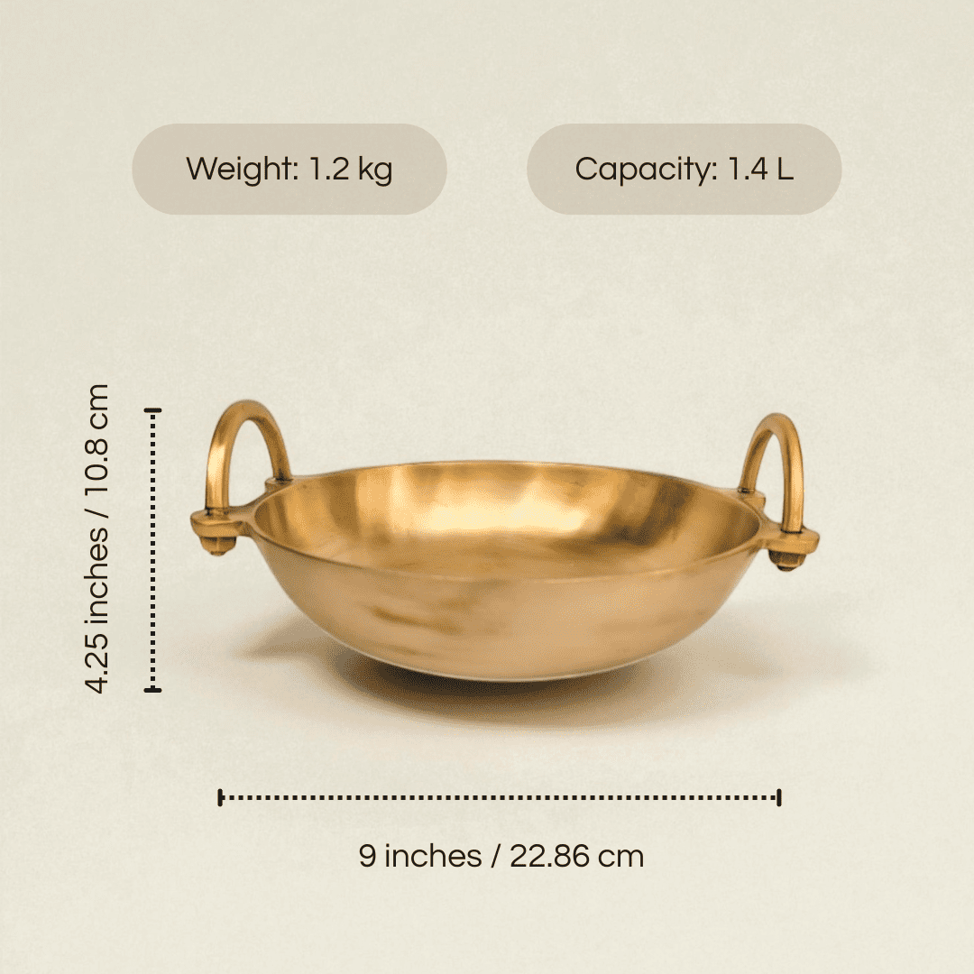 Bronze Kansa Kadai Ruby with 1.4L capacity and decorative handles for cooking and serving