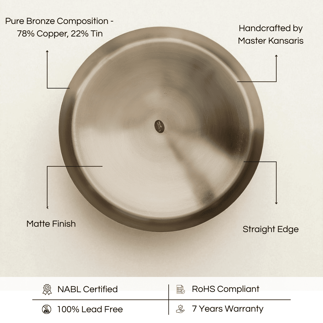 Handcrafted bronze kansa thali 11 inch with a matte finish and straight edge for serving meals