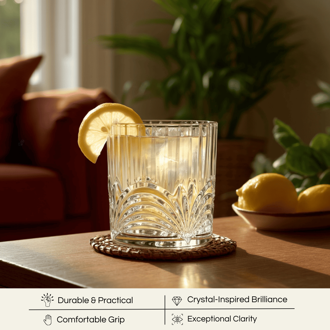 Celestial Arc Premium Whiskey glasses featuring crystal-inspired brilliance and a comfortable grip