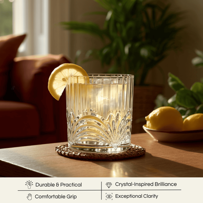 Celestial Arc Premium Whiskey glasses featuring crystal-inspired brilliance and a comfortable grip