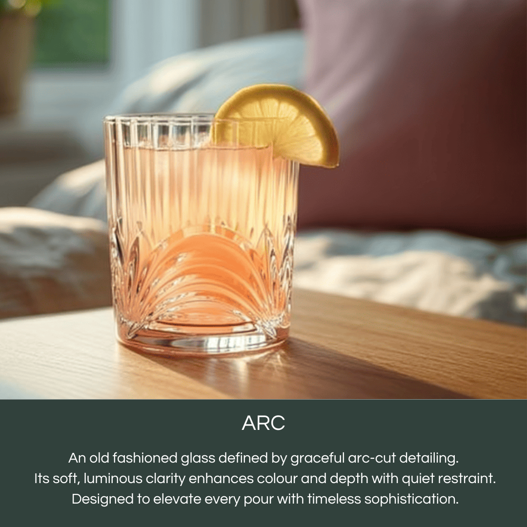 Celestial Arc Premium Whiskey glasses featuring elegant arc-cut detailing and soft luminous clarity