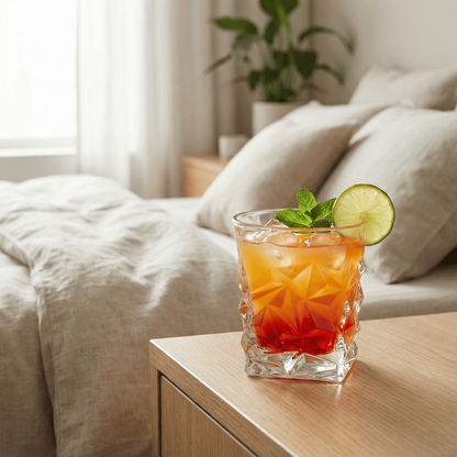 Celestial Astra Premium Whiskey glasses showcasing a cocktail with lime and mint on a bedside table
