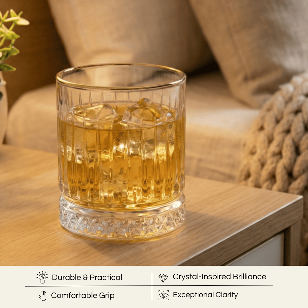 Celestial Aurelia Premium Whiskey glasses displaying rich amber whiskey on a wooden table