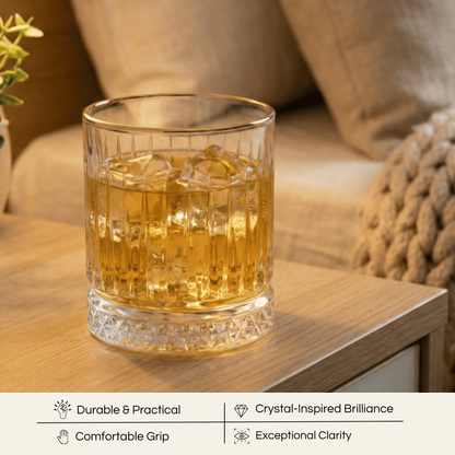 Celestial Aurelia Premium Whiskey glasses displaying rich amber whiskey on a wooden table