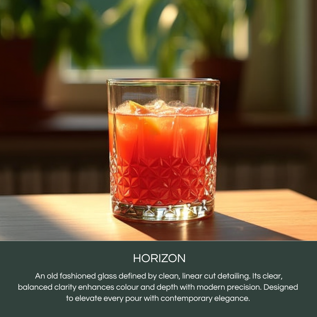 Celestial Horizon Premium Whiskey glasses in sunlight with vibrant cocktail showcasing elegant design