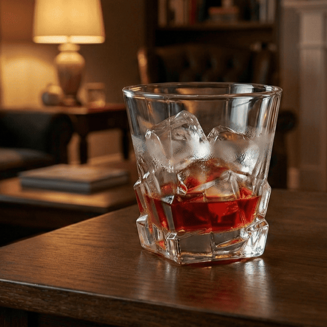 Celestial Lucent Premium Whiskey glasses featuring a stylish design with ice and whiskey.