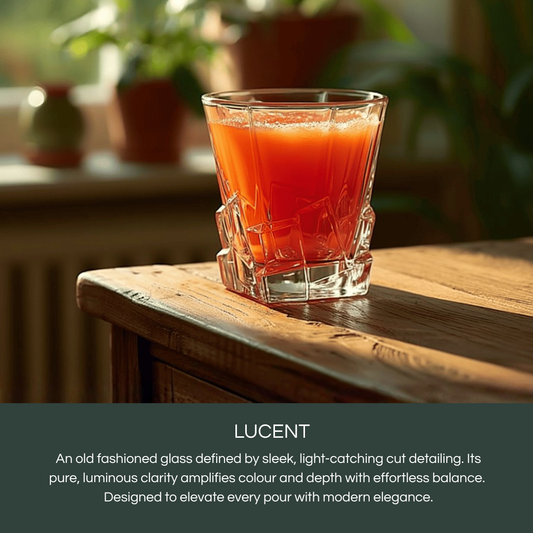 Celestial Lucent Premium Whiskey glasses with elegant cut details, enhancing color and clarity for stylish drinks