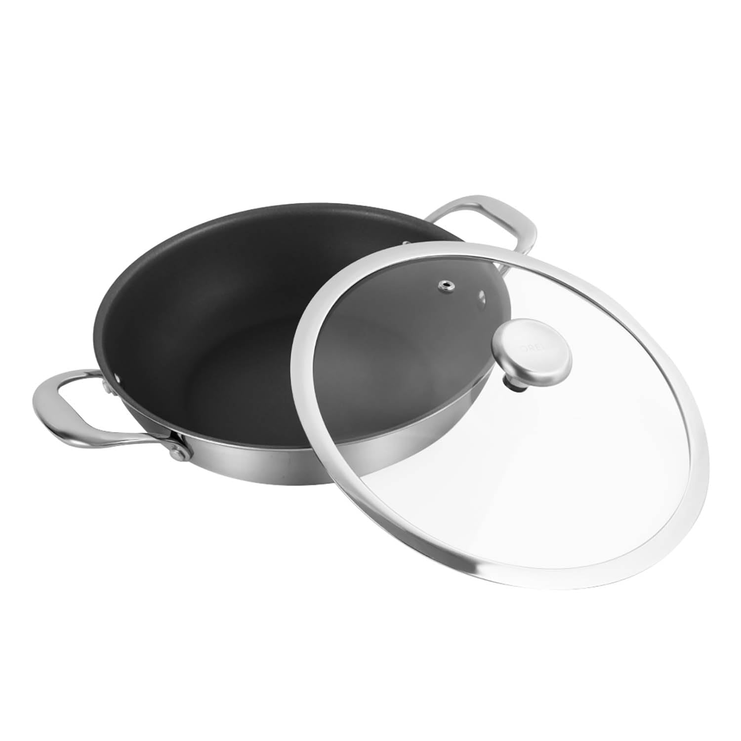 corelle duranano kadai with lid front angle view with lid tilting against the cookware