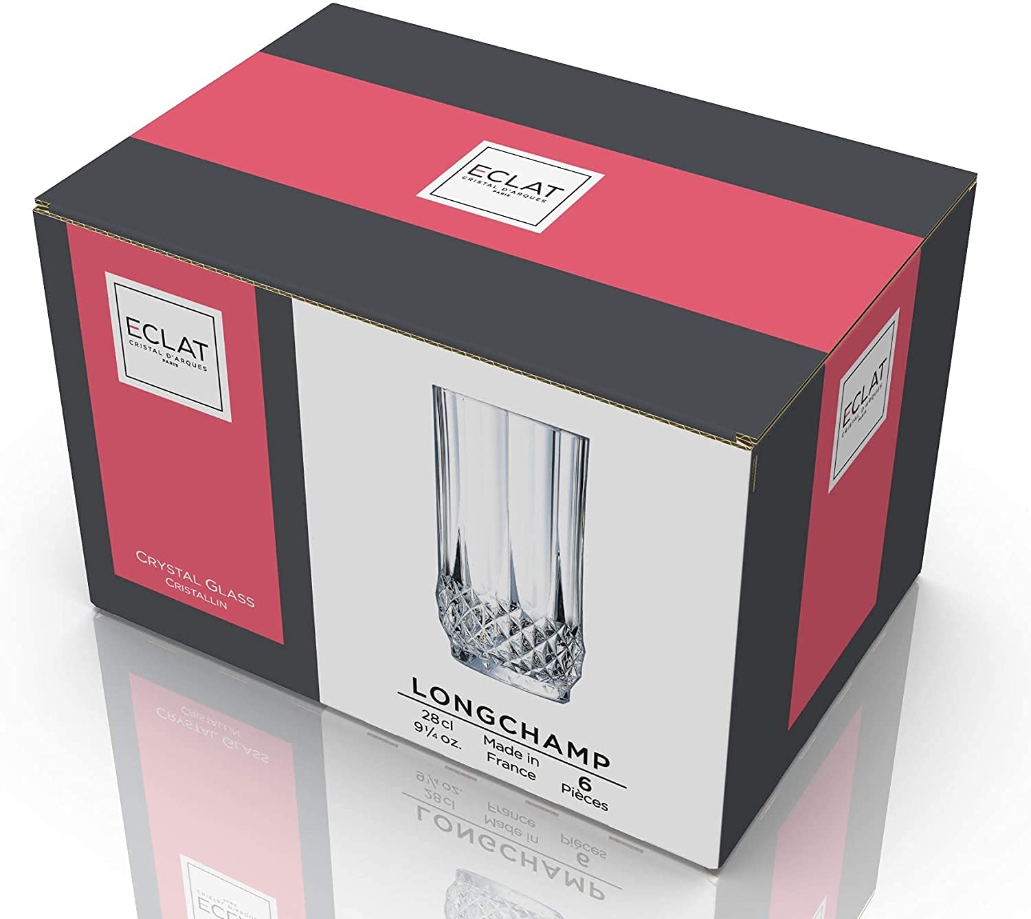Cristal D'Arques Longchamp Highball Glass 280ml packaging showcasing six elegant crystal glasses