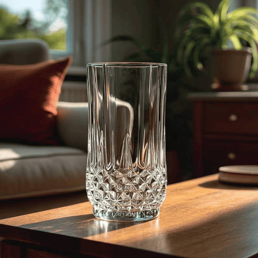 Cristal D'Arques Longchamp Highball Glass 280ml with elegant cut design on a wooden table