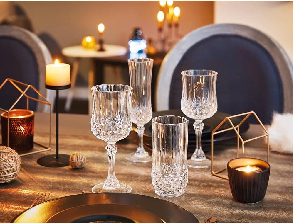 Cristal D'Arques Longchamp Series elegant cocktail glasses on a beautifully set dining table
