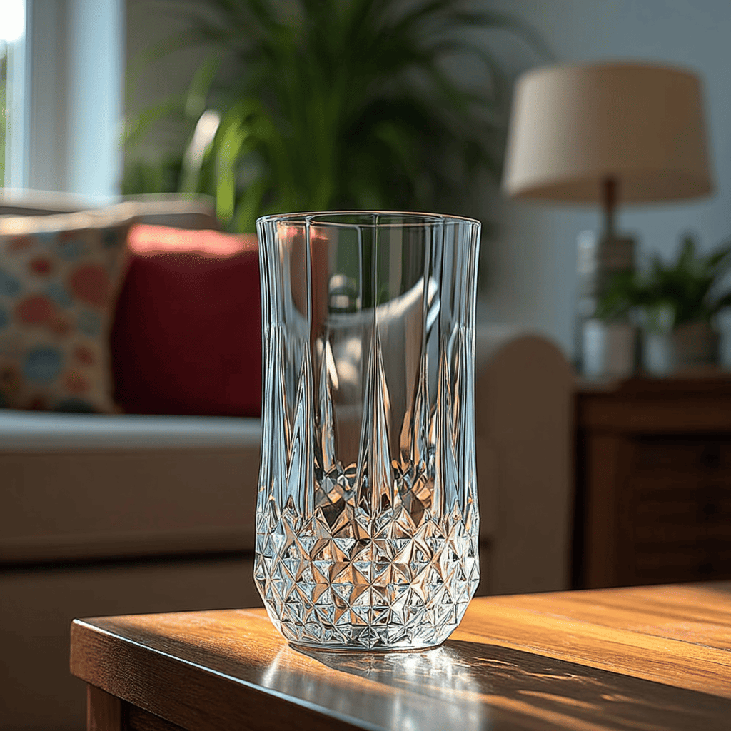 Cristal D'Arques Longchamp Highball Glass 360ml with elegant cut design on a wooden table