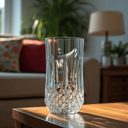 Cristal D'Arques Longchamp Highball Glass 360ml with elegant cut design on a wooden table