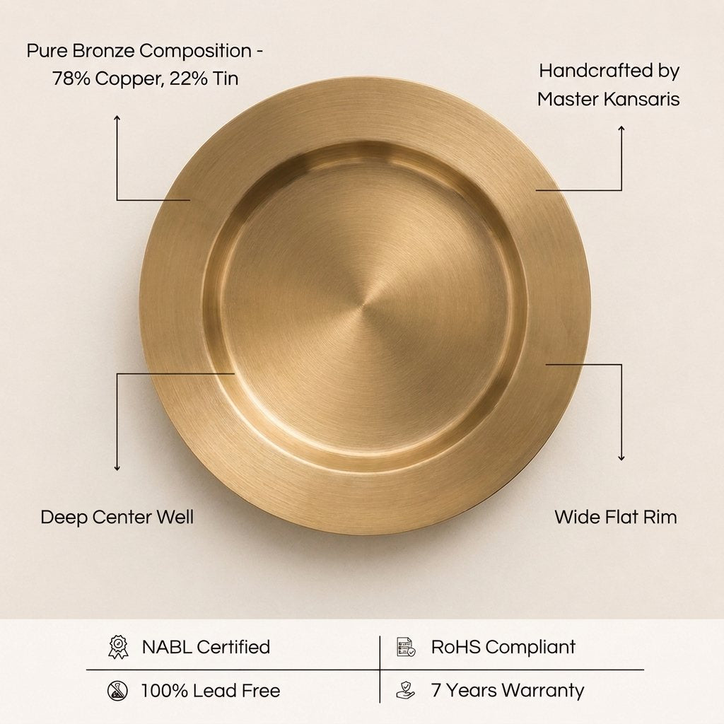 Kansa Deep Rice Plate features — pure bronze composition, handcrafted by master kansaris, deep center well, wide flat rim