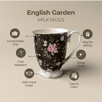 English Garden Milk Mug Ebon Garden with floral pattern, comfortable grip, chip resistant, and glossy finish