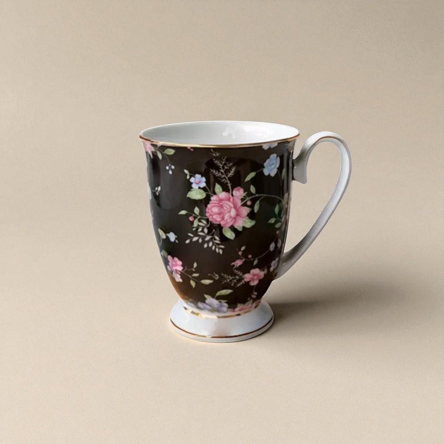 English Garden Milk Mug Ebon Garden with black background and pink floral design