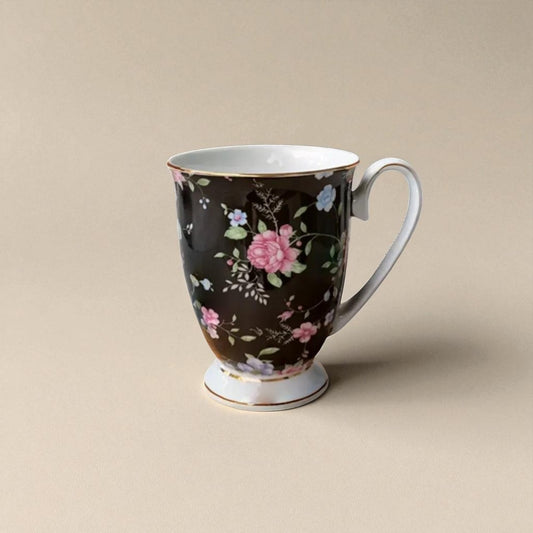 English Garden Milk Mug Ebon Garden with black background and pink floral design